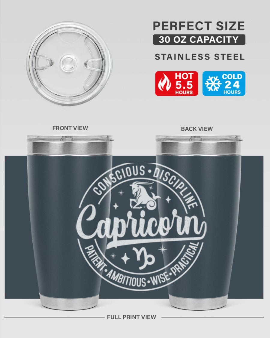Capricorn 191# Zodiac Tumbler in stainless steel with a drink-thru lid, showcasing its sleek design and vibrant print.