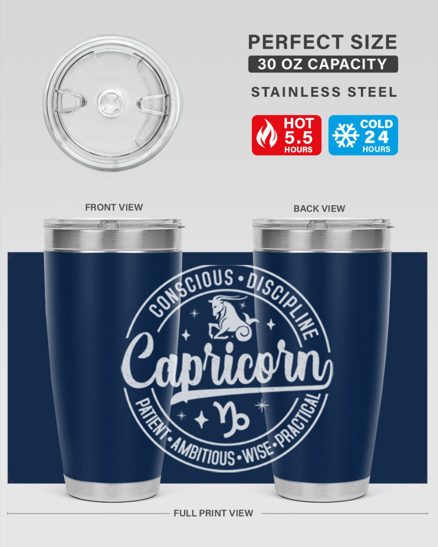 Capricorn 191# Zodiac Tumbler in stainless steel with a drink-thru lid, showcasing its sleek design and vibrant print.