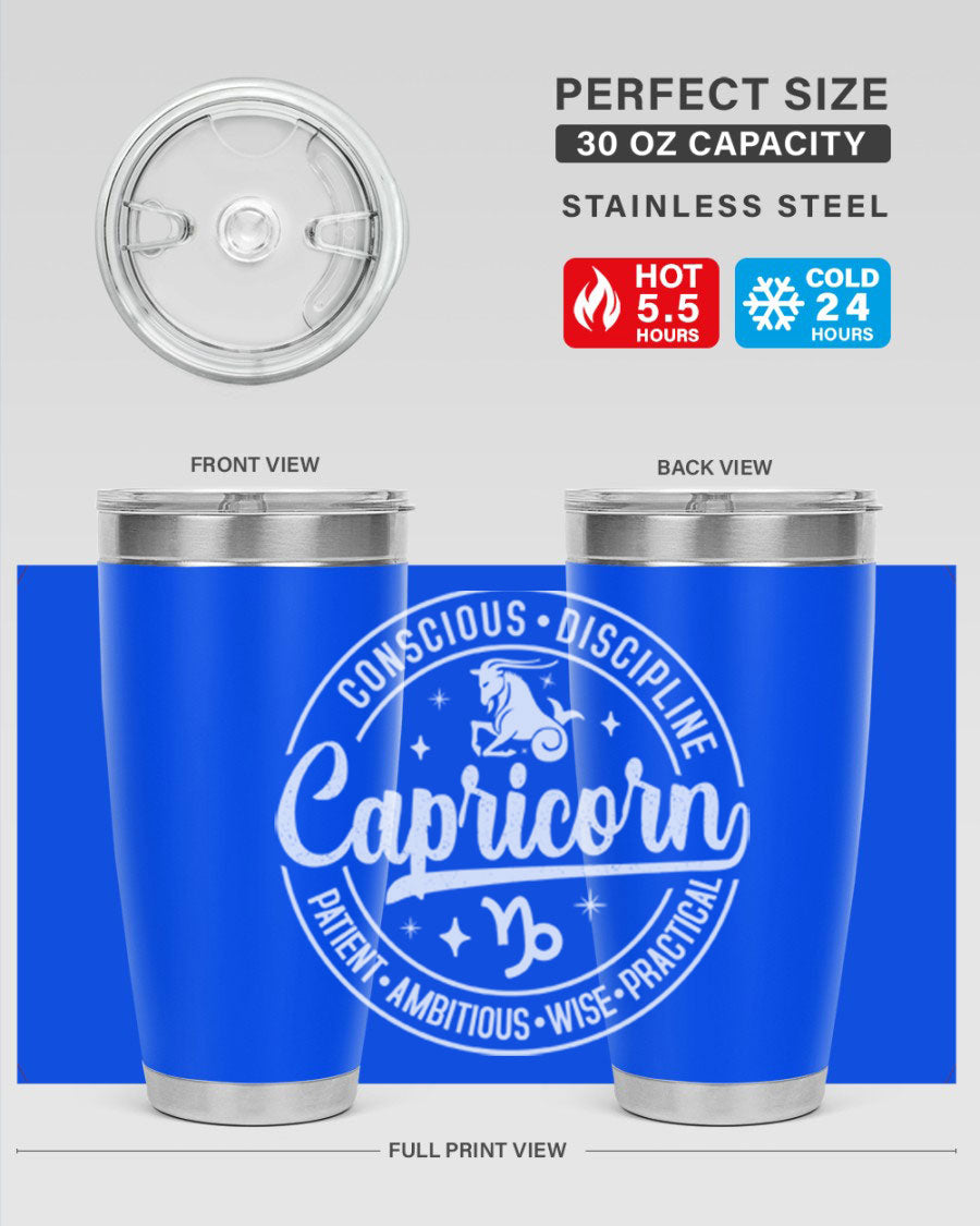 Capricorn 191# Zodiac Tumbler in stainless steel with a drink-thru lid, showcasing its sleek design and vibrant print.
