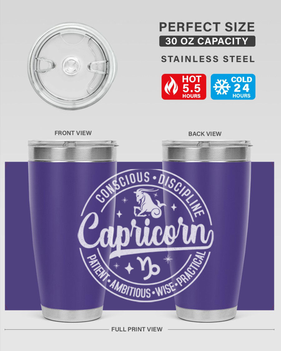 Capricorn 191# Zodiac Tumbler in stainless steel with a drink-thru lid, showcasing its sleek design and vibrant print.
