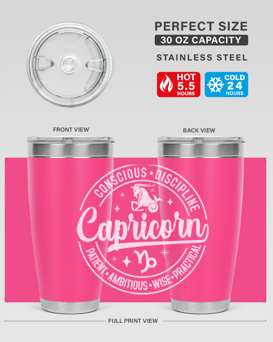 Capricorn 191# Zodiac Tumbler in stainless steel with a drink-thru lid, showcasing its sleek design and vibrant print.