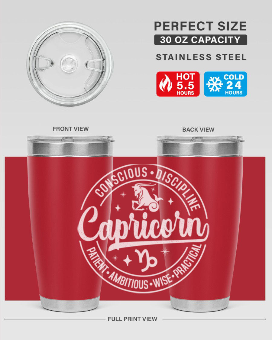 Capricorn 191# Zodiac Tumbler in stainless steel with a drink-thru lid, showcasing its sleek design and vibrant print.