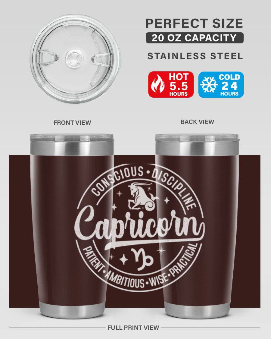 Capricorn 191# Zodiac Tumbler in stainless steel with a drink-thru lid, showcasing its sleek design and vibrant print.