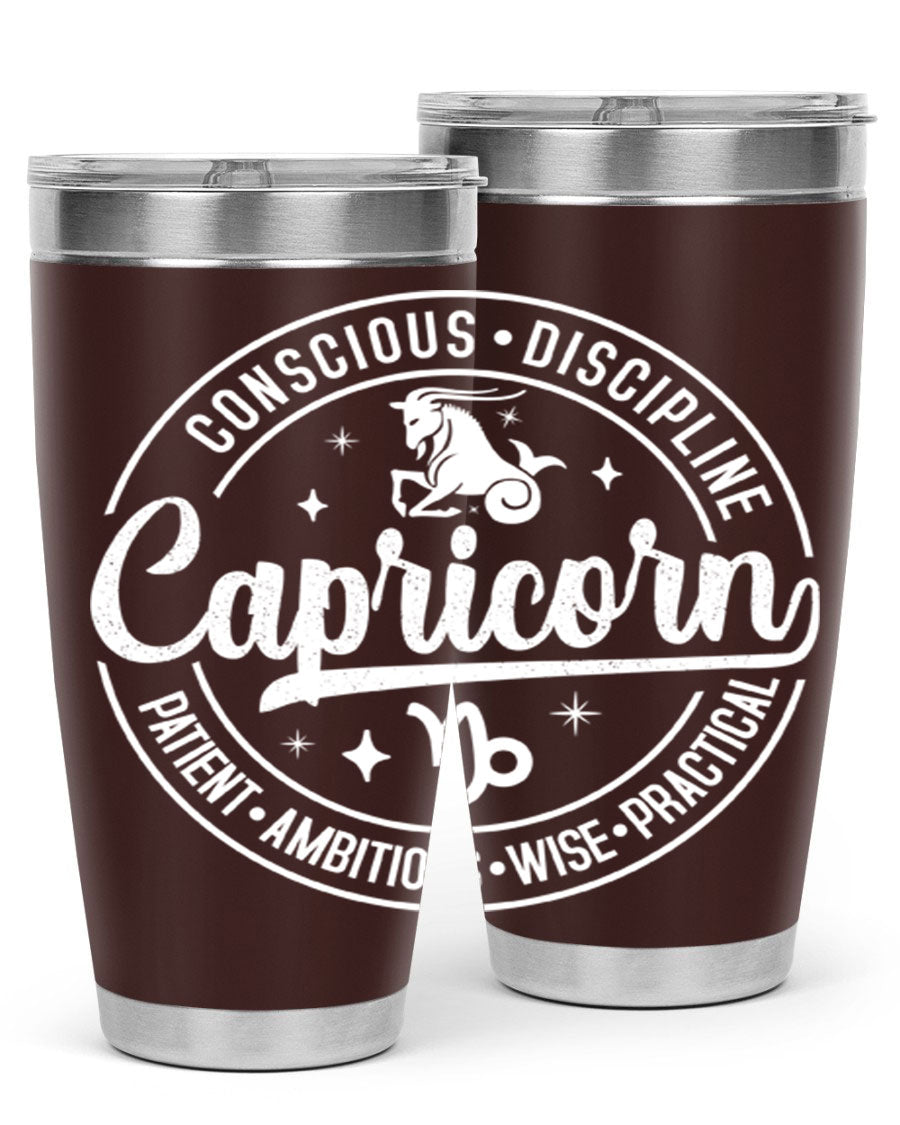Capricorn 191# Zodiac Tumbler in stainless steel with a drink-thru lid, showcasing its sleek design and vibrant print.