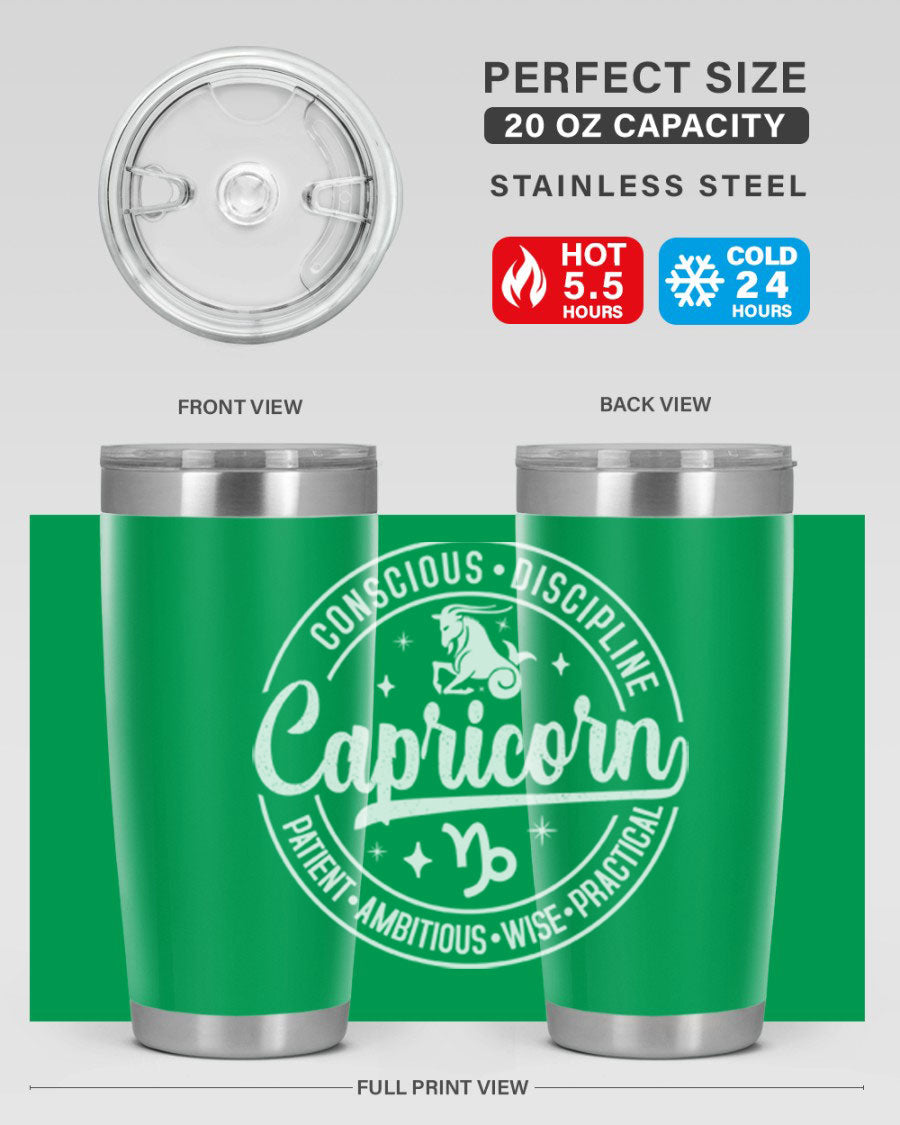 Capricorn 191# Zodiac Tumbler in stainless steel with a drink-thru lid, showcasing its sleek design and vibrant print.