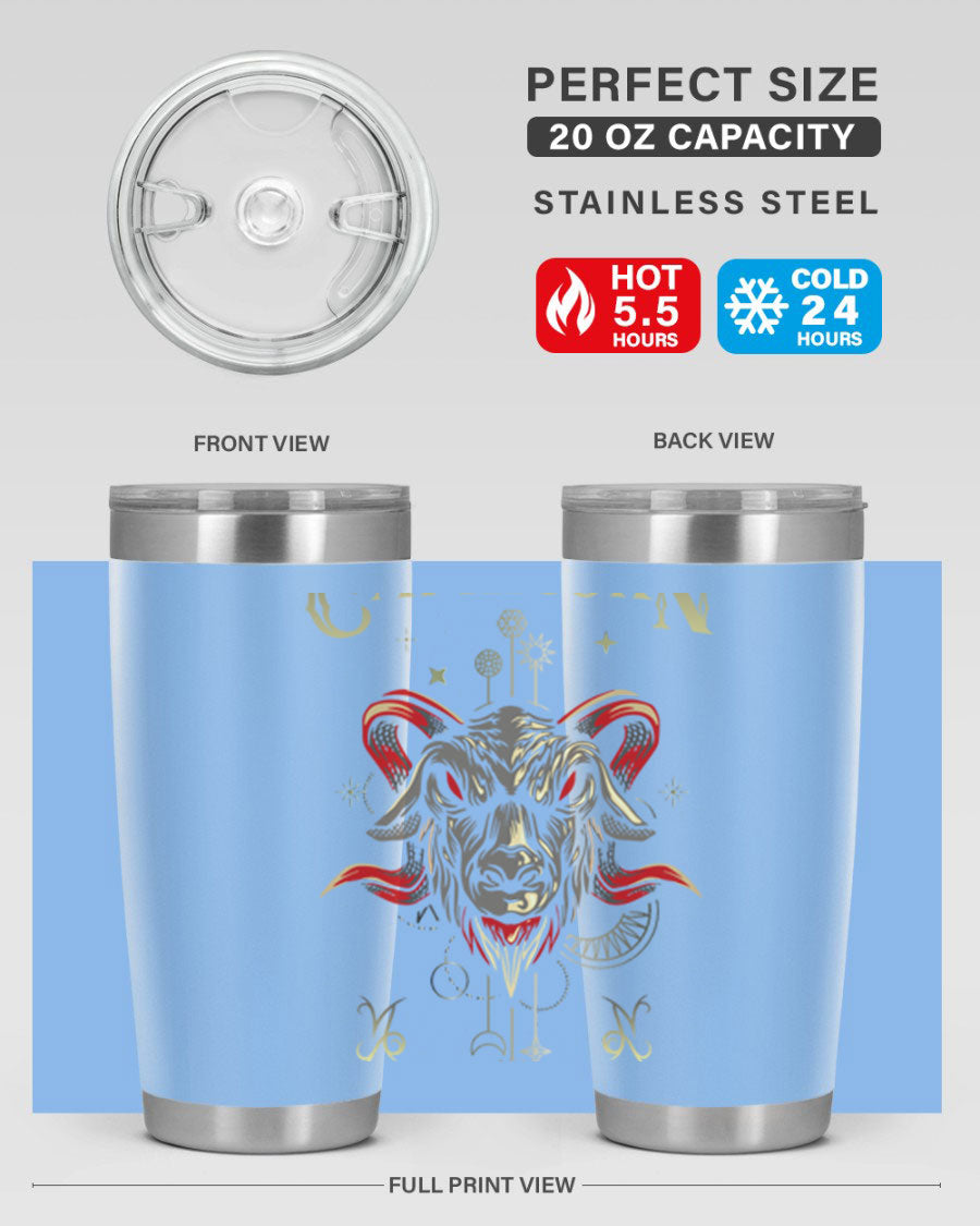 Capricorn 198# Tumbler in stainless steel with a sleek design, featuring a drink-thru lid and copper lining for insulation.