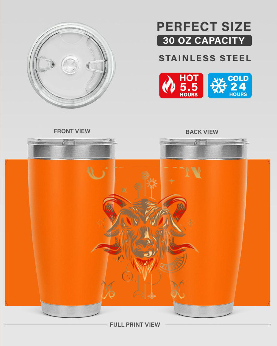 Capricorn 198# Tumbler in stainless steel with a sleek design, featuring a drink-thru lid and copper lining for insulation.