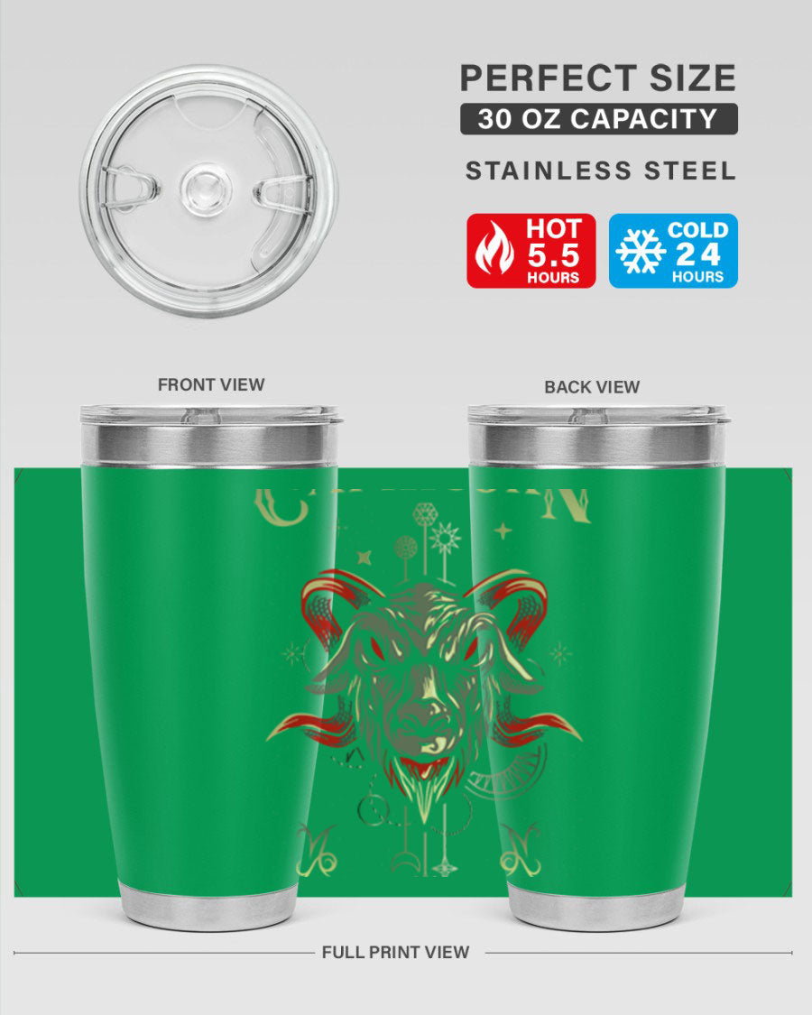 Capricorn 198# Tumbler in stainless steel with a sleek design, featuring a drink-thru lid and copper lining for insulation.