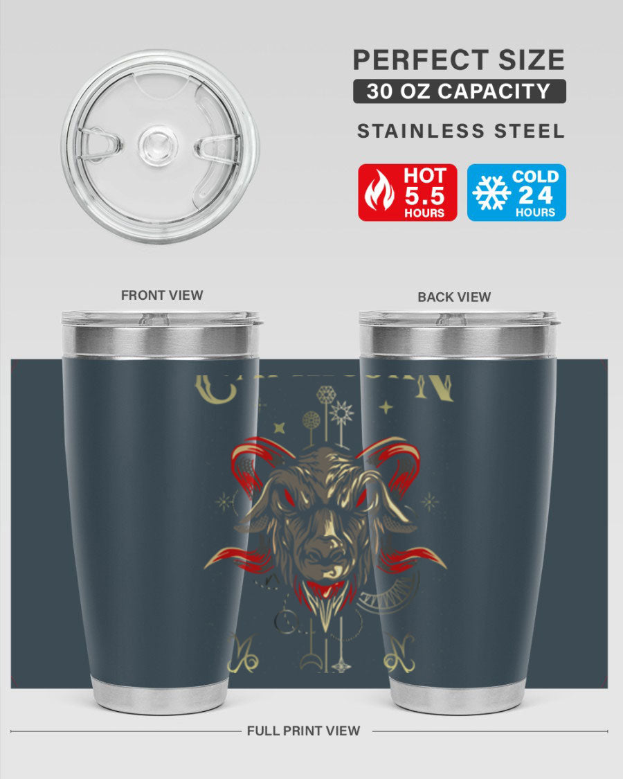 Capricorn 198# Tumbler in stainless steel with a sleek design, featuring a drink-thru lid and copper lining for insulation.