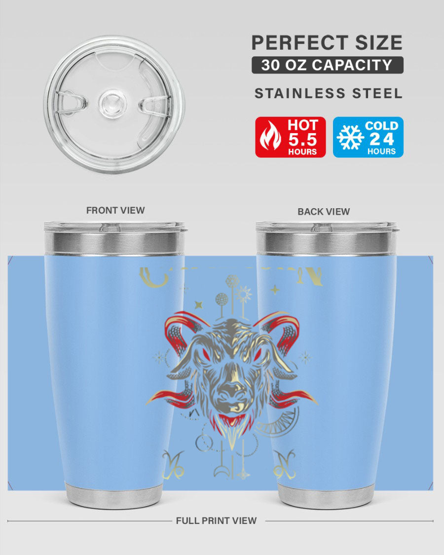 Capricorn 198# Tumbler in stainless steel with a sleek design, featuring a drink-thru lid and copper lining for insulation.
