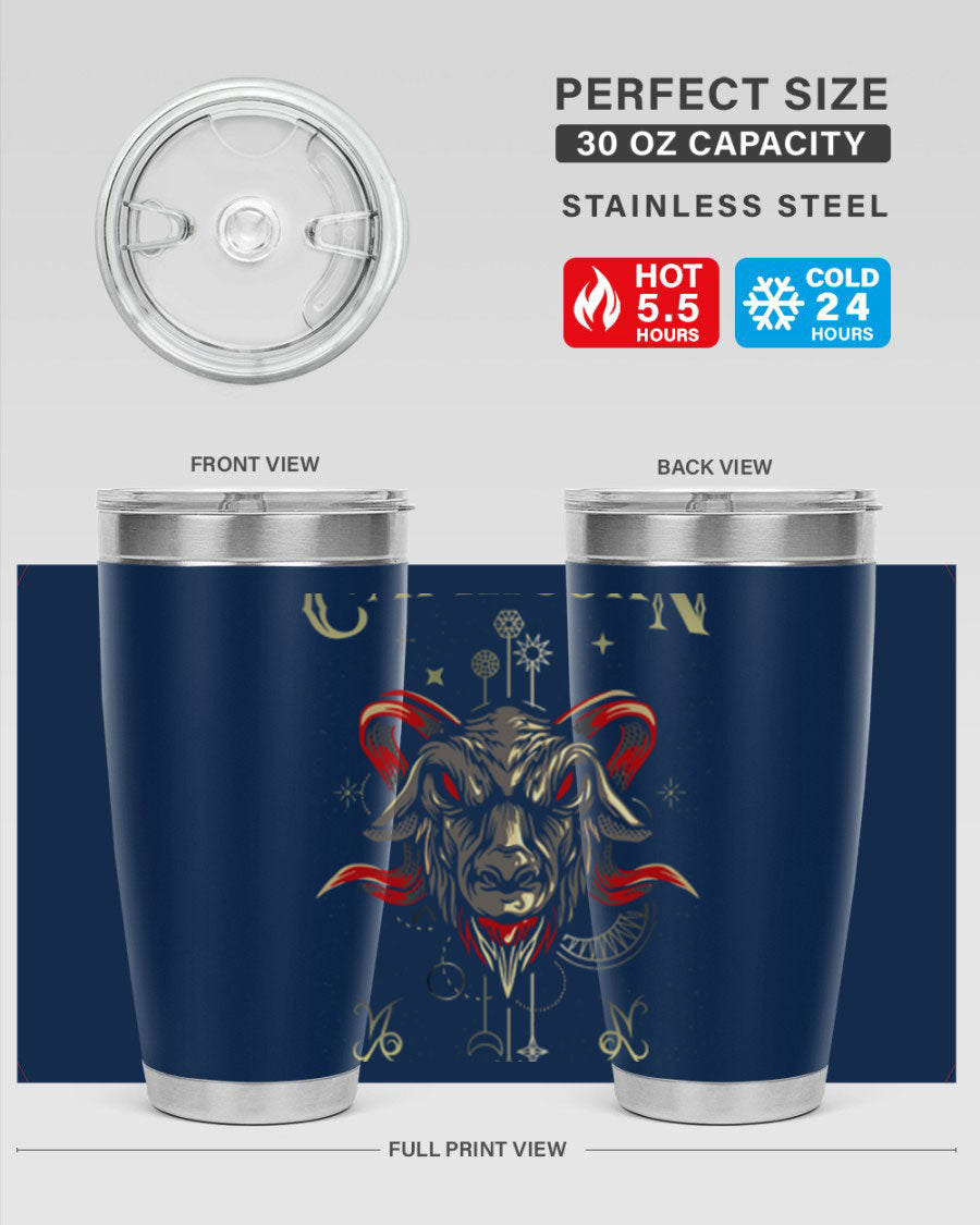 Capricorn 198# Tumbler in stainless steel with a sleek design, featuring a drink-thru lid and copper lining for insulation.