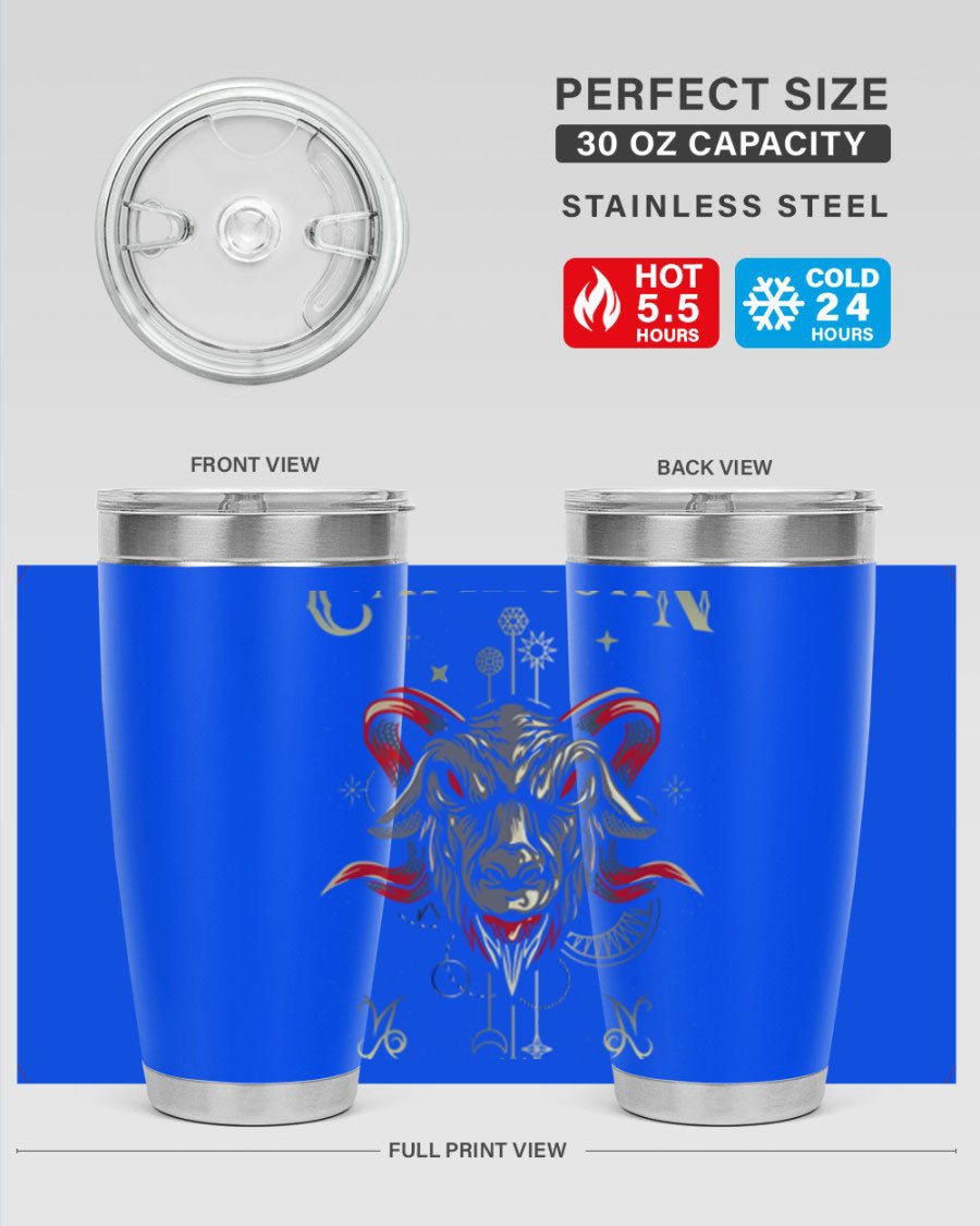 Capricorn 198# Tumbler in stainless steel with a sleek design, featuring a drink-thru lid and copper lining for insulation.