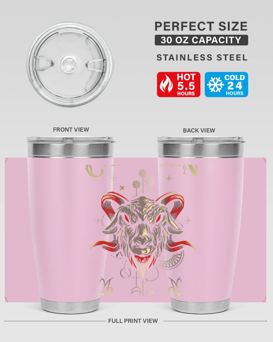 Capricorn 198# Tumbler in stainless steel with a sleek design, featuring a drink-thru lid and copper lining for insulation.