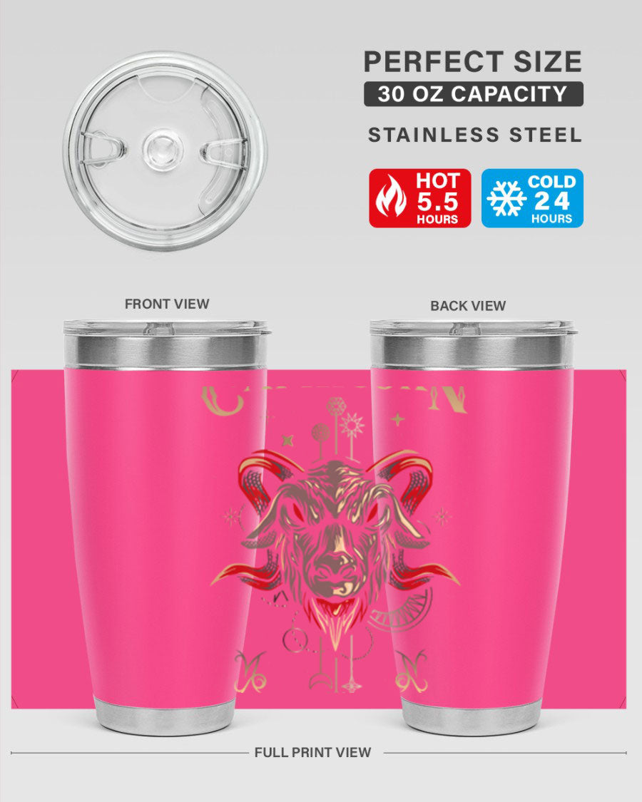 Capricorn 198# Tumbler in stainless steel with a sleek design, featuring a drink-thru lid and copper lining for insulation.