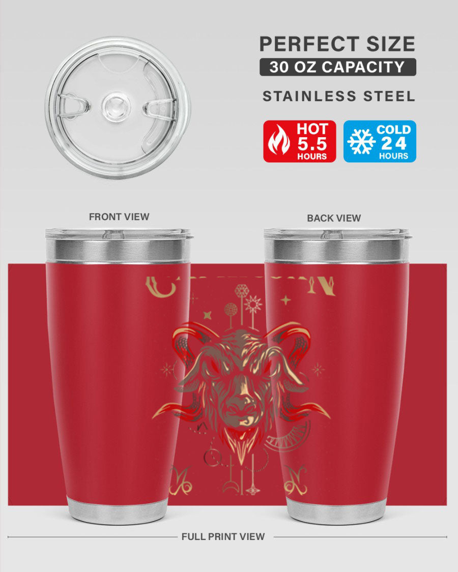 Capricorn 198# Tumbler in stainless steel with a sleek design, featuring a drink-thru lid and copper lining for insulation.