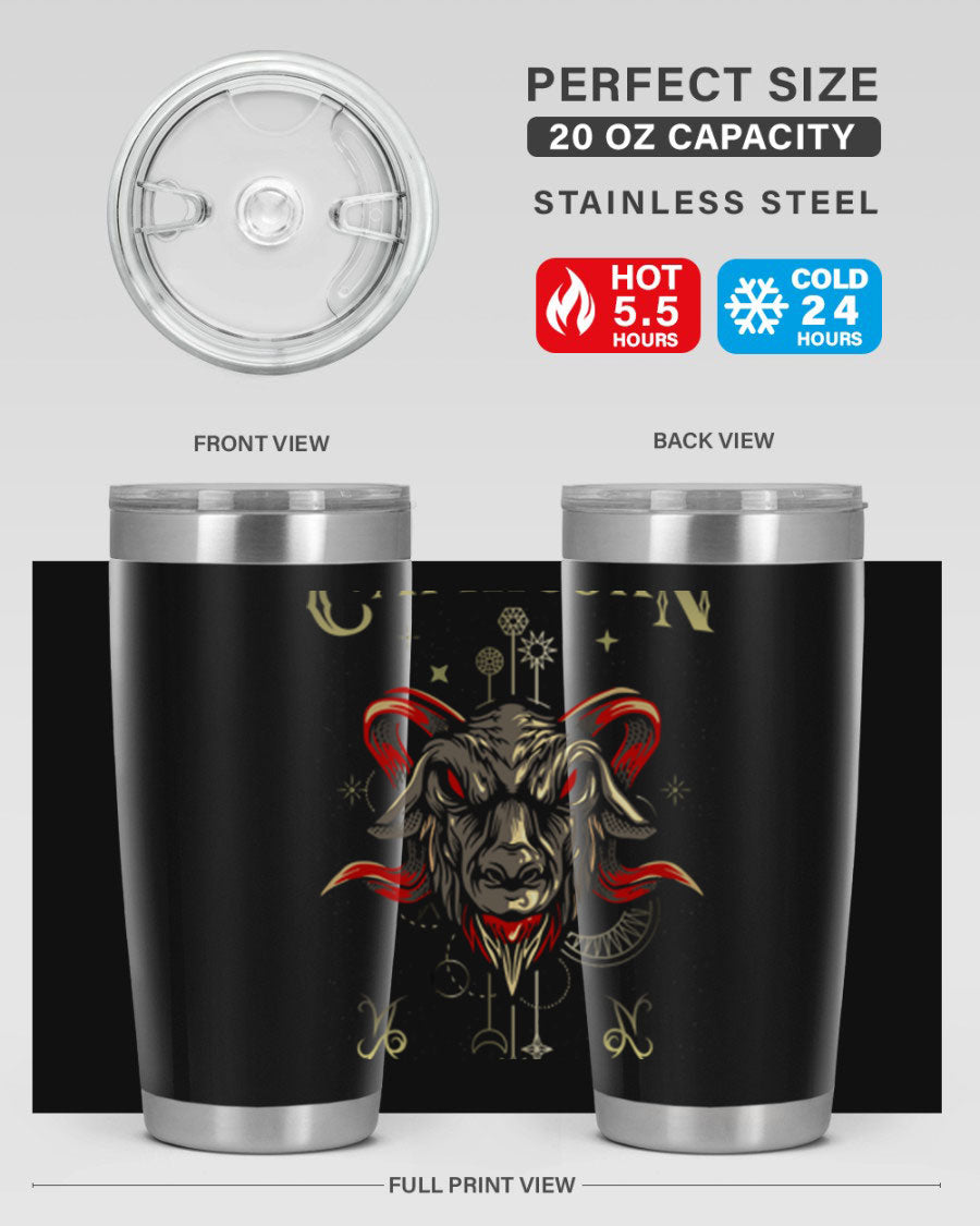 Capricorn 198# Tumbler in stainless steel with a sleek design, featuring a drink-thru lid and copper lining for insulation.