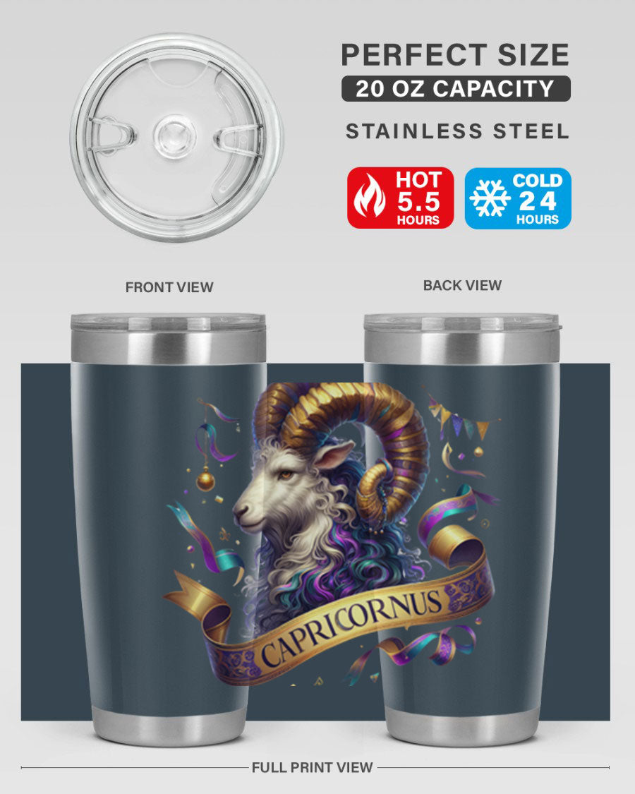 Capricorn 209# Zodiac Tumbler in stainless steel with a zodiac design, available in 20oz and 30oz sizes.
