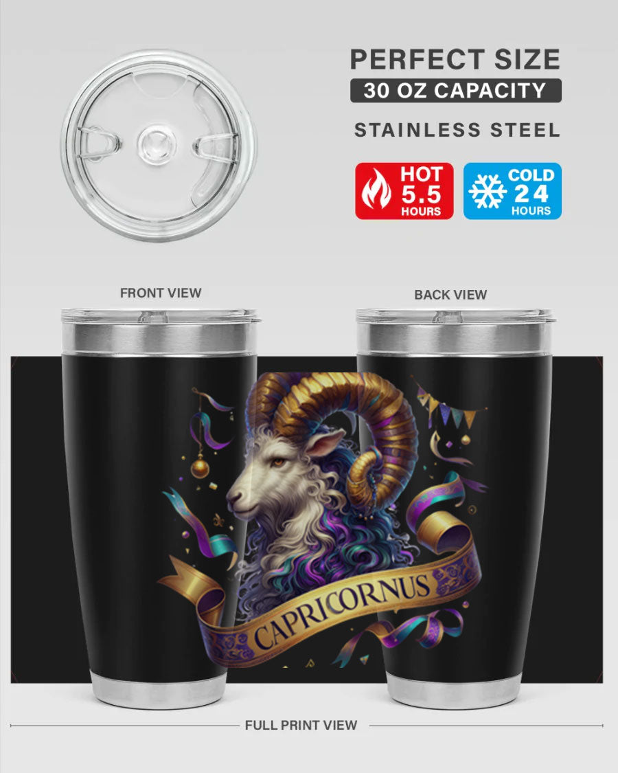Capricorn 209# Zodiac Tumbler in stainless steel with a zodiac design, available in 20oz and 30oz sizes.