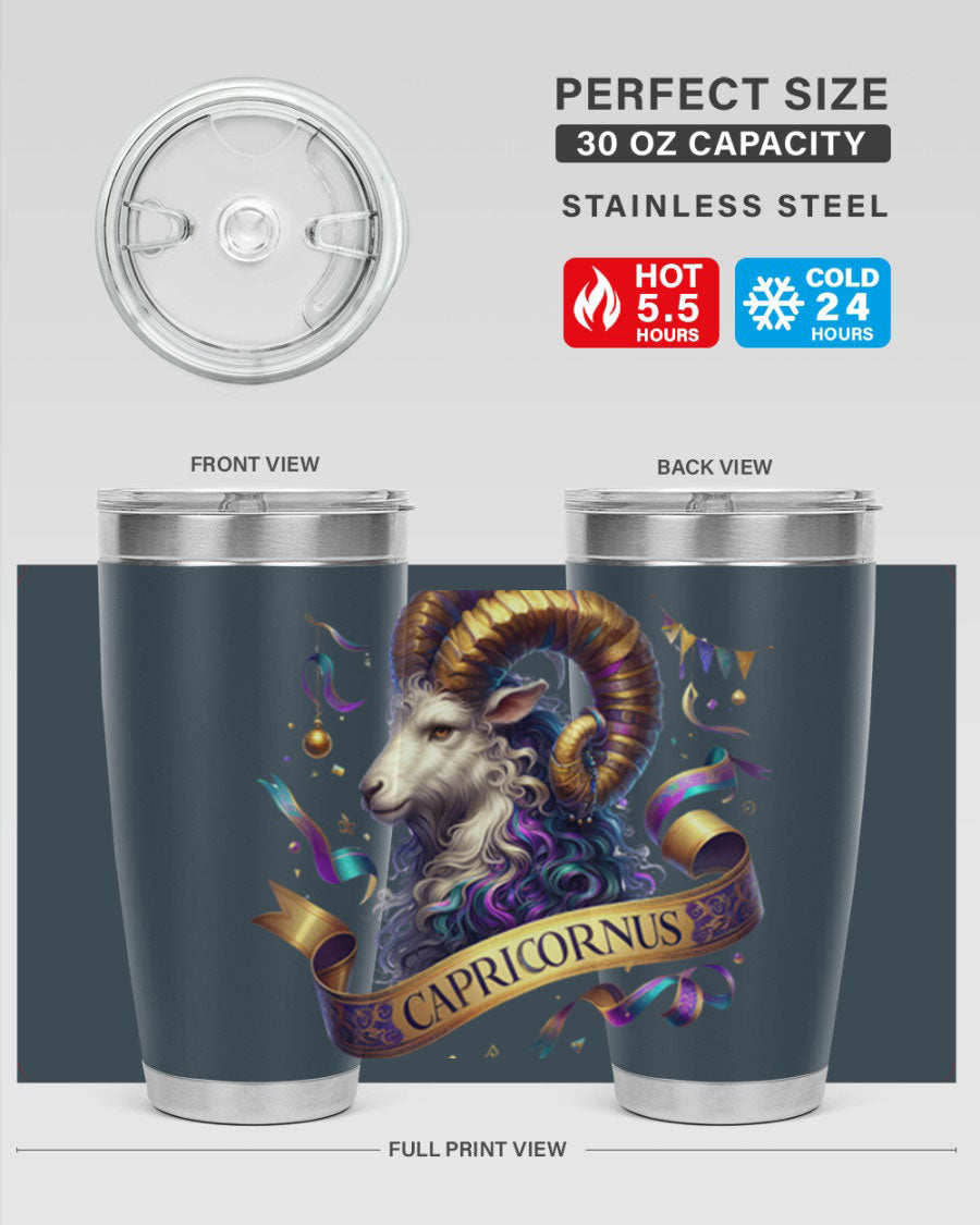 Capricorn 209# Zodiac Tumbler in stainless steel with a zodiac design, available in 20oz and 30oz sizes.