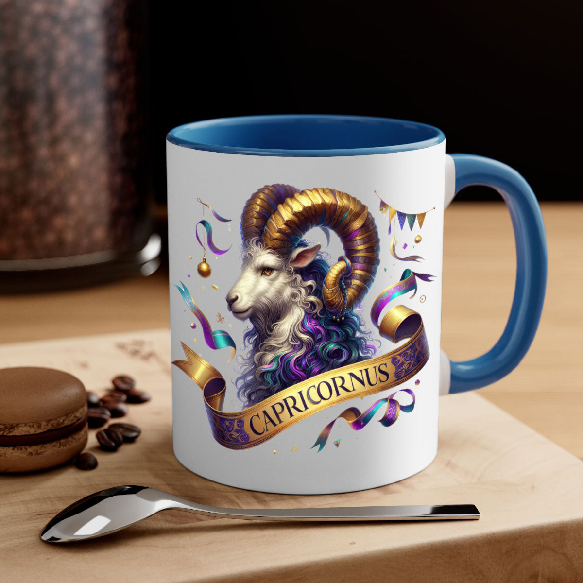 Capricorn 209# Zodiac Mug with a glossy finish, featuring a colored handle and interior, available in five colors.