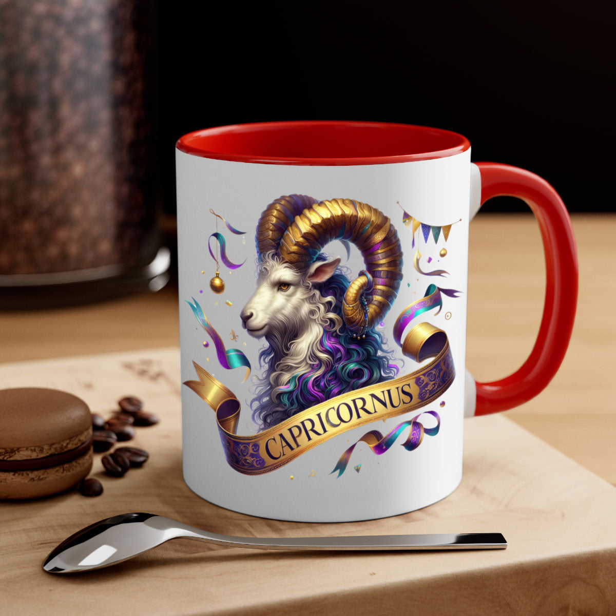 Capricorn 209# Zodiac Mug with a glossy finish, featuring a colored handle and interior, available in five colors.