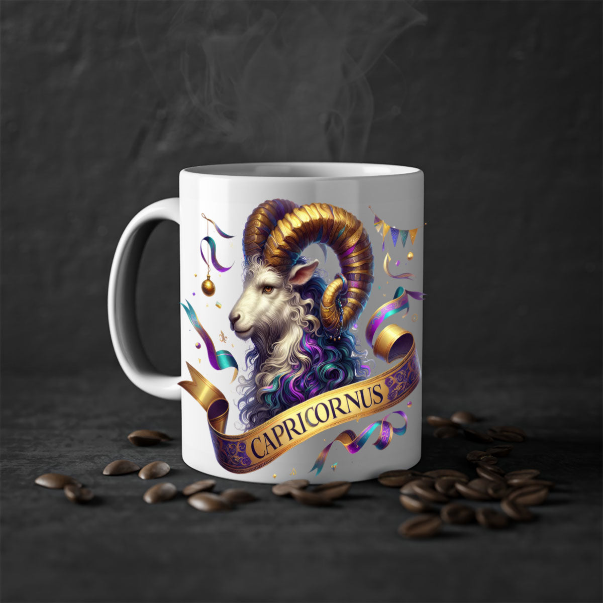 Capricorn 209# Zodiac Mug with a glossy finish, featuring a colored handle and interior, available in five colors.