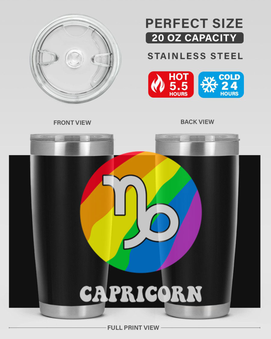 Capricorn LGBT Pride Tumbler featuring vibrant colors and a sleek stainless steel design, perfect for hot and cold beverages.