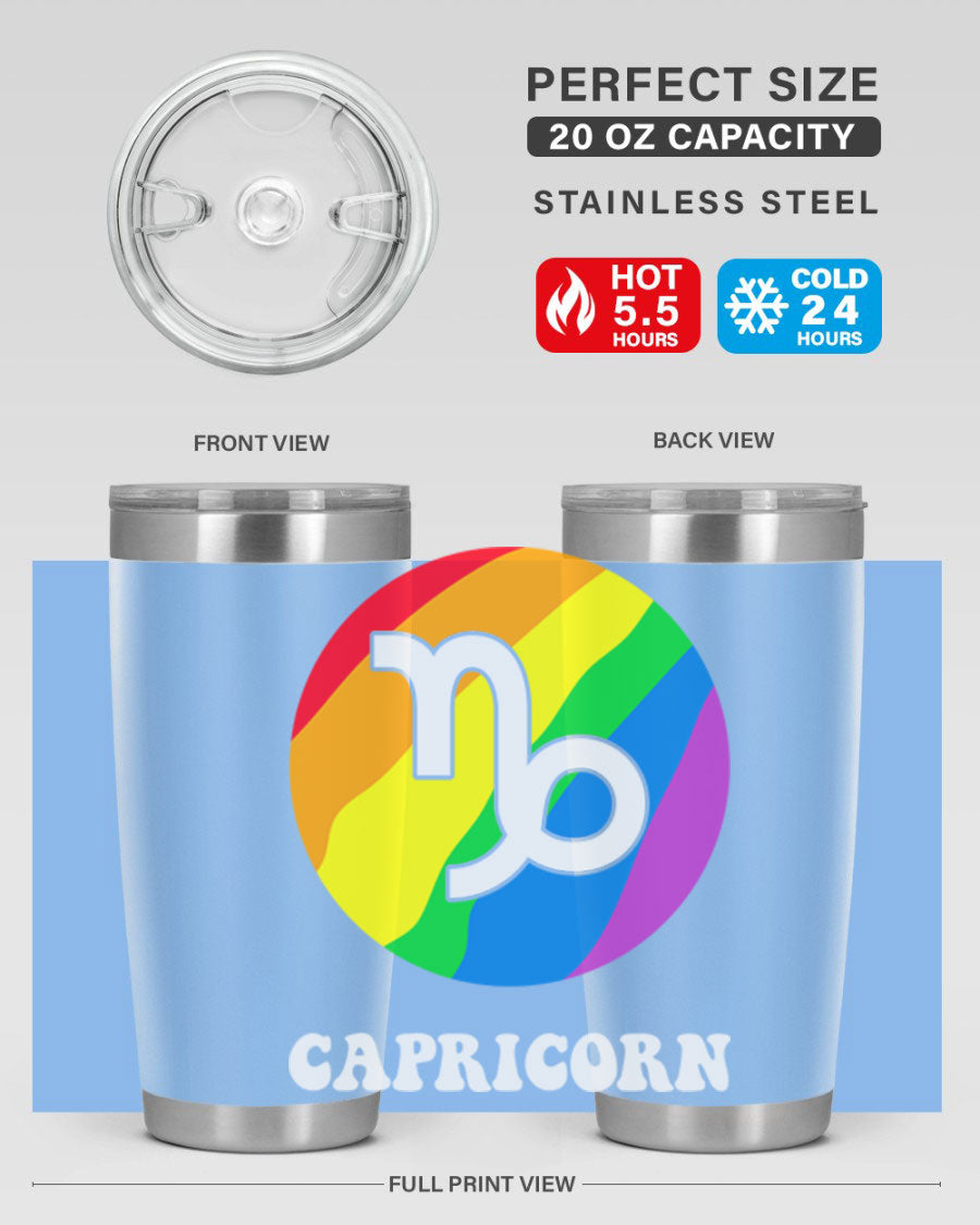 Capricorn LGBT Pride Tumbler featuring vibrant colors and a sleek stainless steel design, perfect for hot and cold beverages.