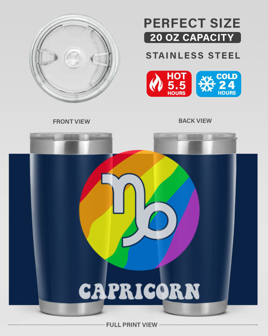 Capricorn LGBT Pride Tumbler featuring vibrant colors and a sleek stainless steel design, perfect for hot and cold beverages.