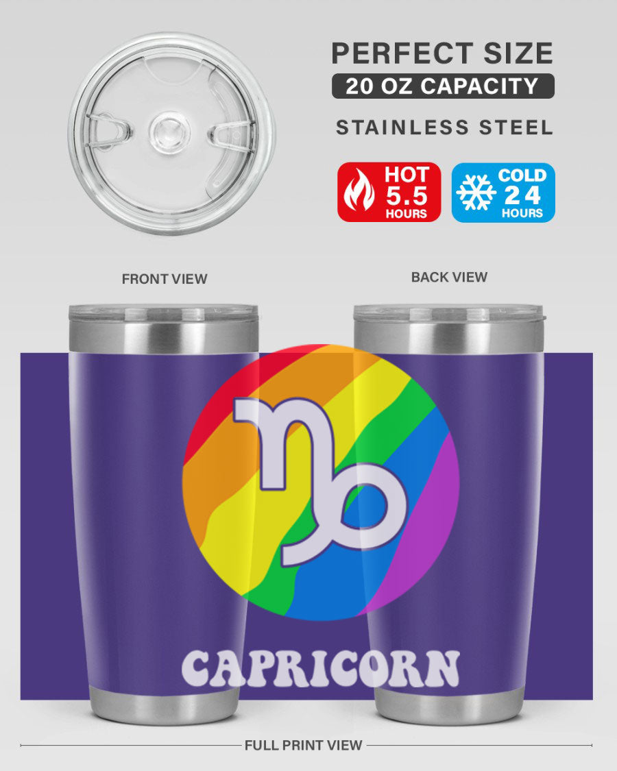 Capricorn LGBT Pride Tumbler featuring vibrant colors and a sleek stainless steel design, perfect for hot and cold beverages.