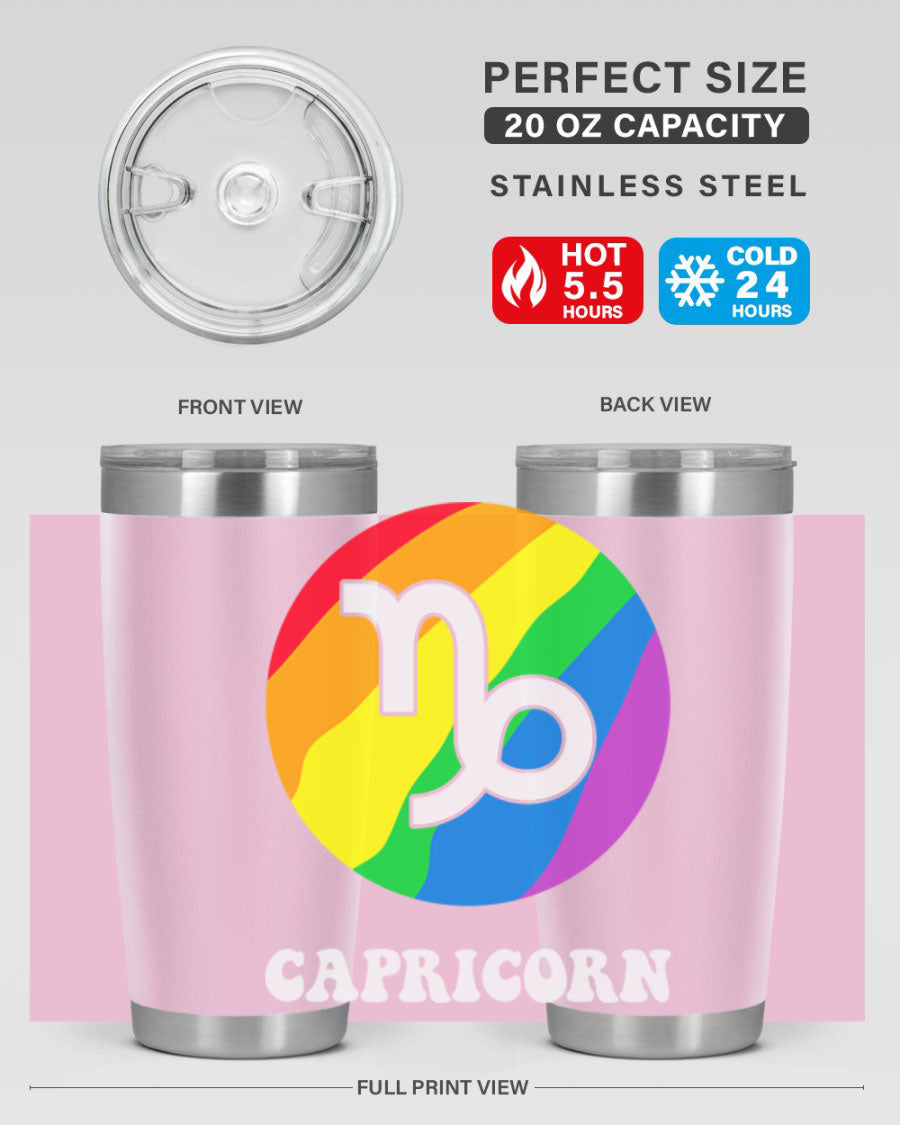 Capricorn LGBT Pride Tumbler featuring vibrant colors and a sleek stainless steel design, perfect for hot and cold beverages.
