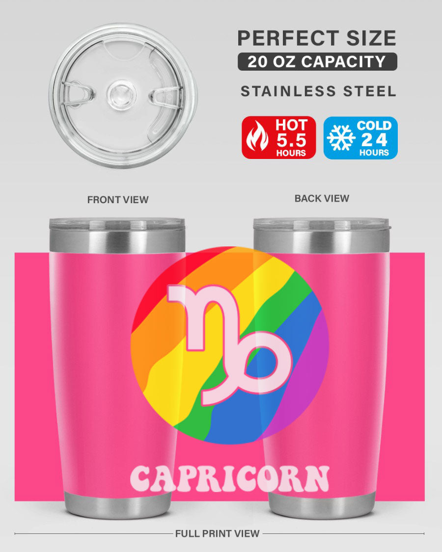 Capricorn LGBT Pride Tumbler featuring vibrant colors and a sleek stainless steel design, perfect for hot and cold beverages.