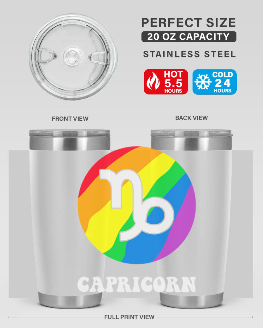 Capricorn LGBT Pride Tumbler featuring vibrant colors and a sleek stainless steel design, perfect for hot and cold beverages.