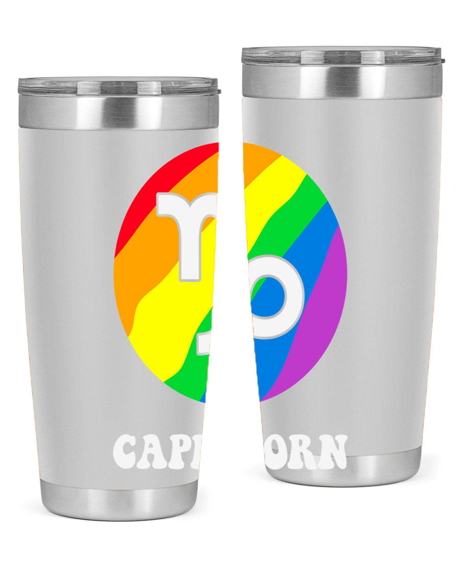 Capricorn LGBT Pride Tumbler featuring vibrant colors and a sleek stainless steel design, perfect for hot and cold beverages.