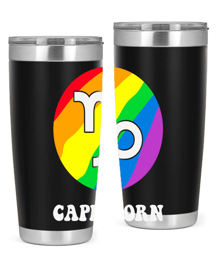 Capricorn LGBT Pride Tumbler featuring vibrant colors and a sleek stainless steel design, perfect for hot and cold beverages.