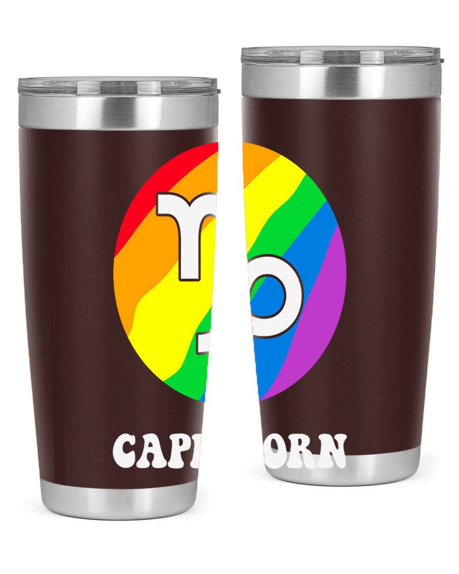 Capricorn LGBT Pride Tumbler featuring vibrant colors and a sleek stainless steel design, perfect for hot and cold beverages.