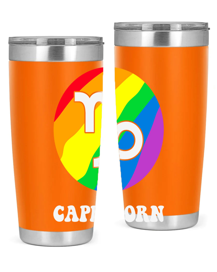Capricorn LGBT Pride Tumbler featuring vibrant colors and a sleek stainless steel design, perfect for hot and cold beverages.