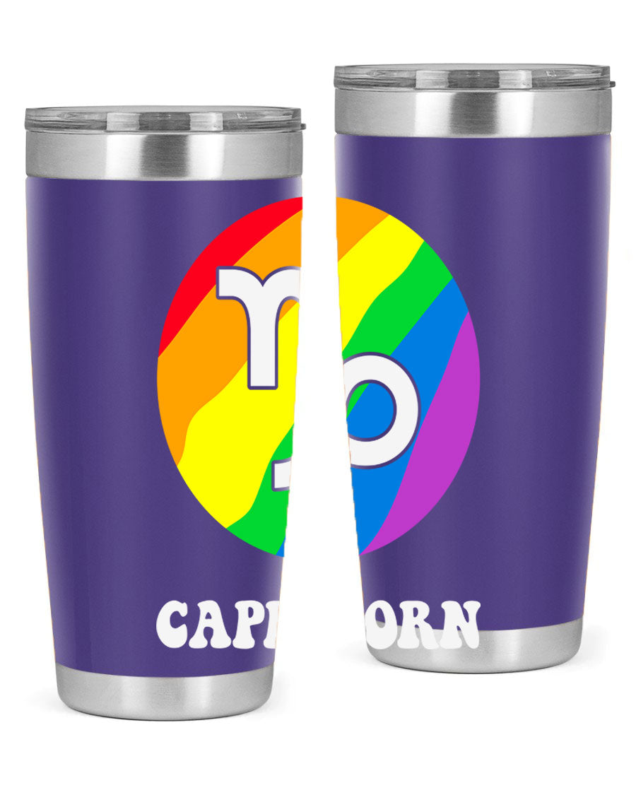 Capricorn LGBT Pride Tumbler featuring vibrant colors and a sleek stainless steel design, perfect for hot and cold beverages.