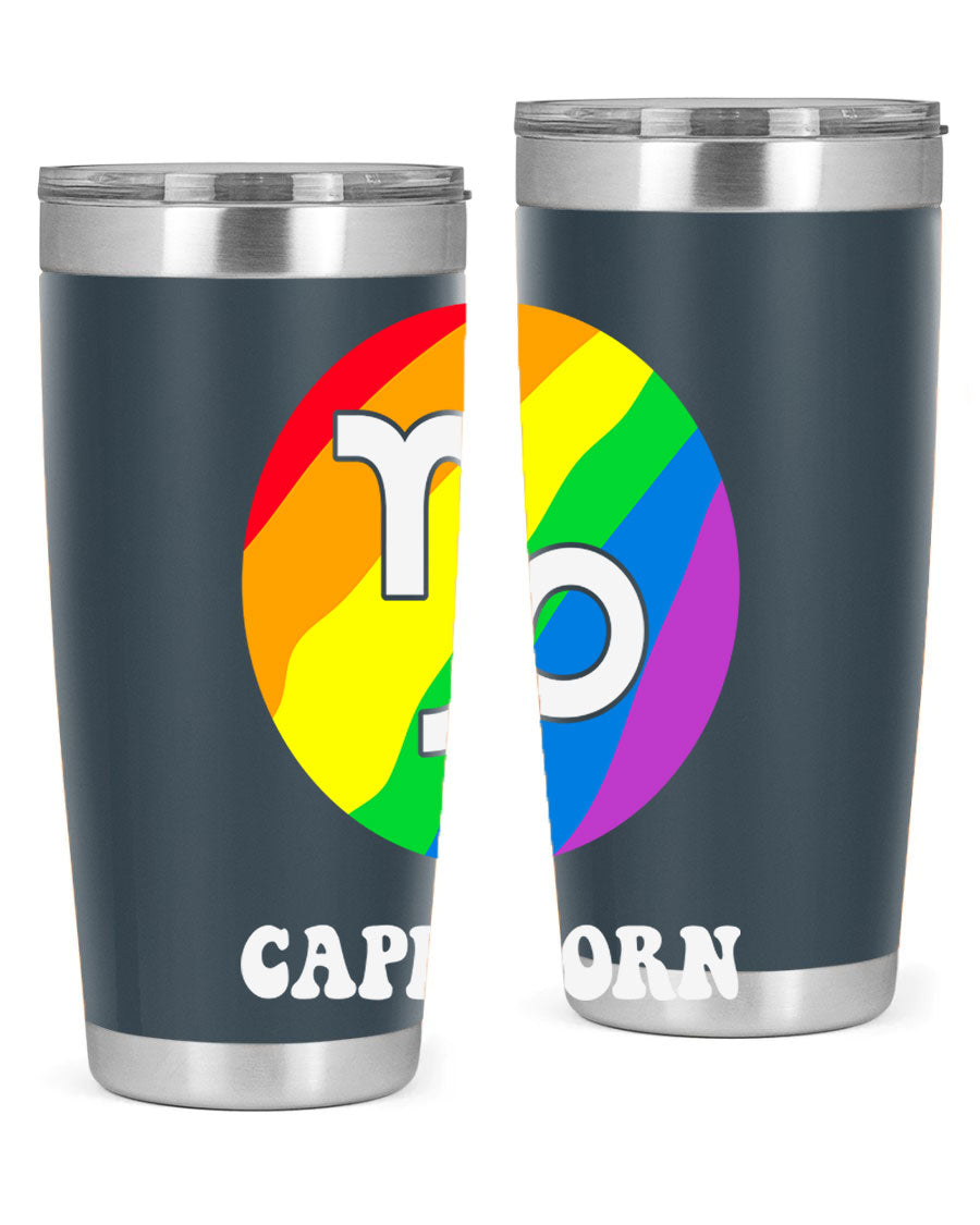 Capricorn LGBT Pride Tumbler featuring vibrant colors and a sleek stainless steel design, perfect for hot and cold beverages.