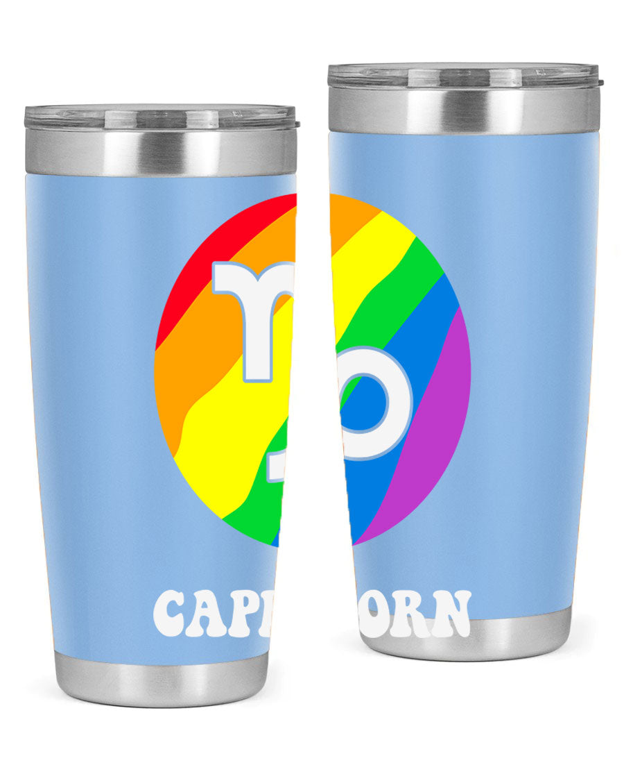 Capricorn LGBT Pride Tumbler featuring vibrant colors and a sleek stainless steel design, perfect for hot and cold beverages.