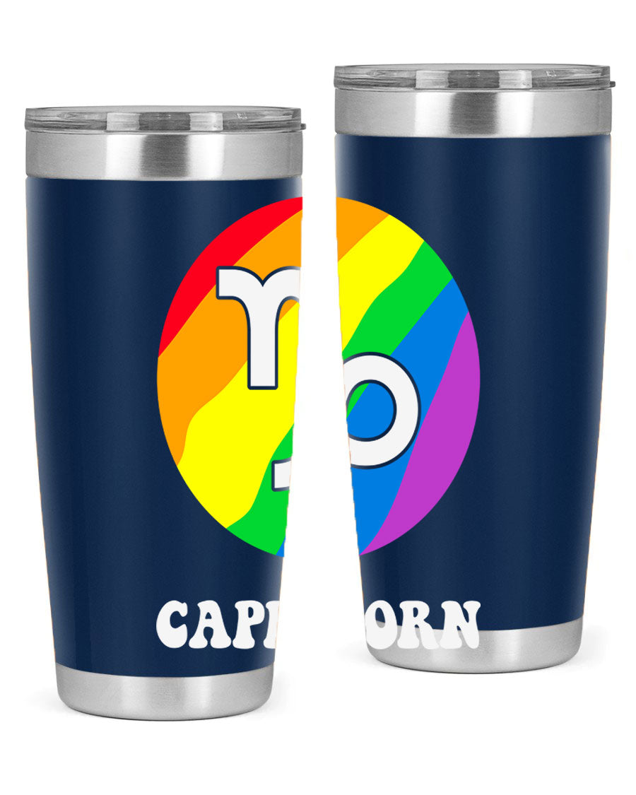 Capricorn LGBT Pride Tumbler featuring vibrant colors and a sleek stainless steel design, perfect for hot and cold beverages.