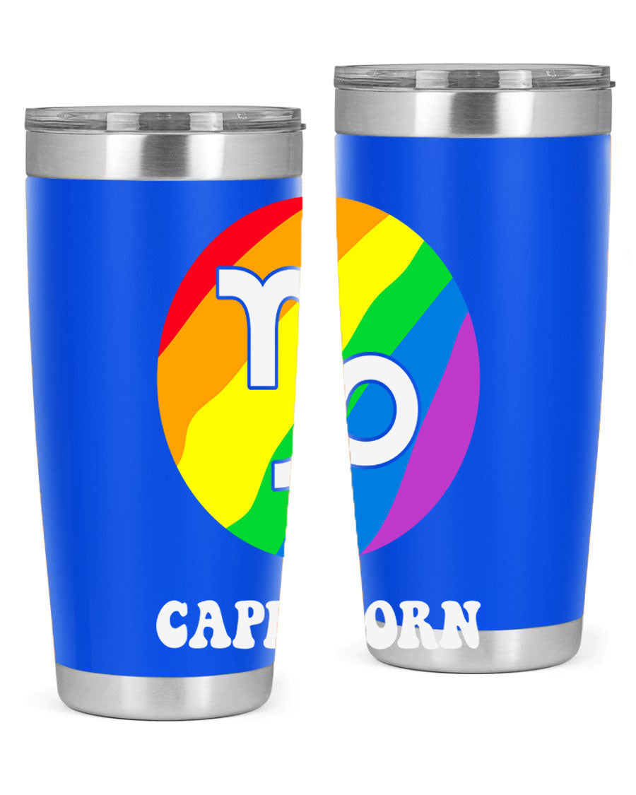 Capricorn LGBT Pride Tumbler featuring vibrant colors and a sleek stainless steel design, perfect for hot and cold beverages.
