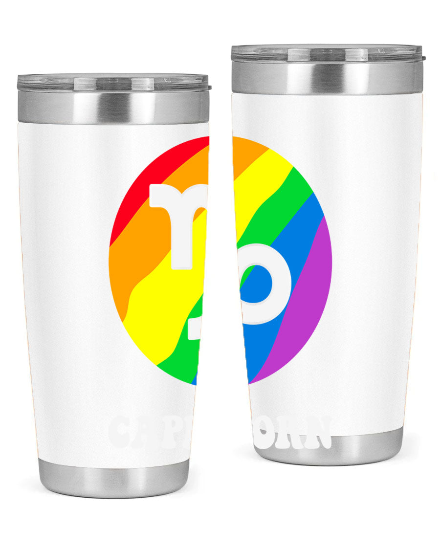 Capricorn LGBT Pride Tumbler featuring vibrant colors and a sleek stainless steel design, perfect for hot and cold beverages.