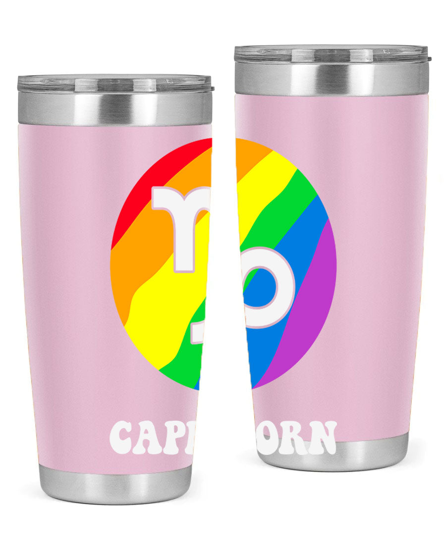 Capricorn LGBT Pride Tumbler featuring vibrant colors and a sleek stainless steel design, perfect for hot and cold beverages.