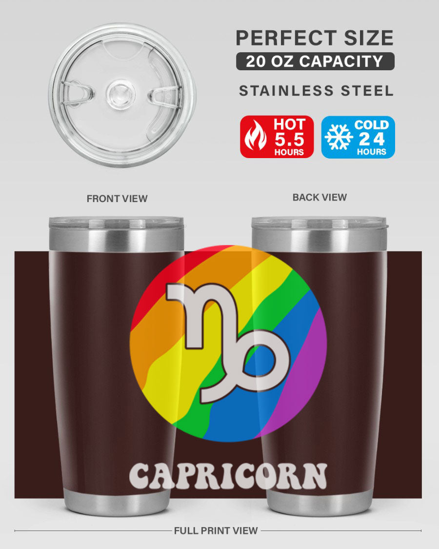 Capricorn LGBT Pride Tumbler featuring vibrant colors and a sleek stainless steel design, perfect for hot and cold beverages.