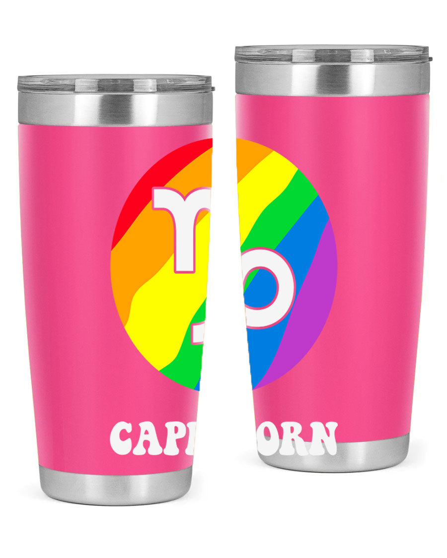 Capricorn LGBT Pride Tumbler featuring vibrant colors and a sleek stainless steel design, perfect for hot and cold beverages.
