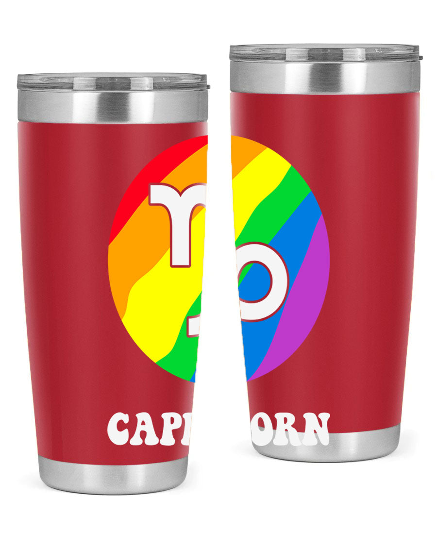 Capricorn LGBT Pride Tumbler featuring vibrant colors and a sleek stainless steel design, perfect for hot and cold beverages.