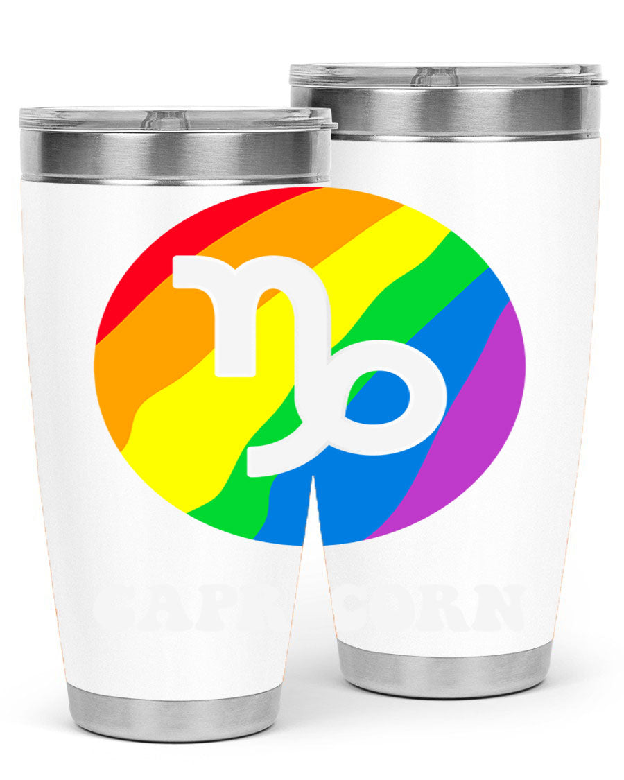 Capricorn LGBT Pride Tumbler featuring vibrant colors and a sleek stainless steel design, perfect for hot and cold beverages.