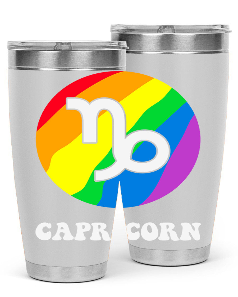 Capricorn LGBT Pride Tumbler featuring vibrant colors and a sleek stainless steel design, perfect for hot and cold beverages.