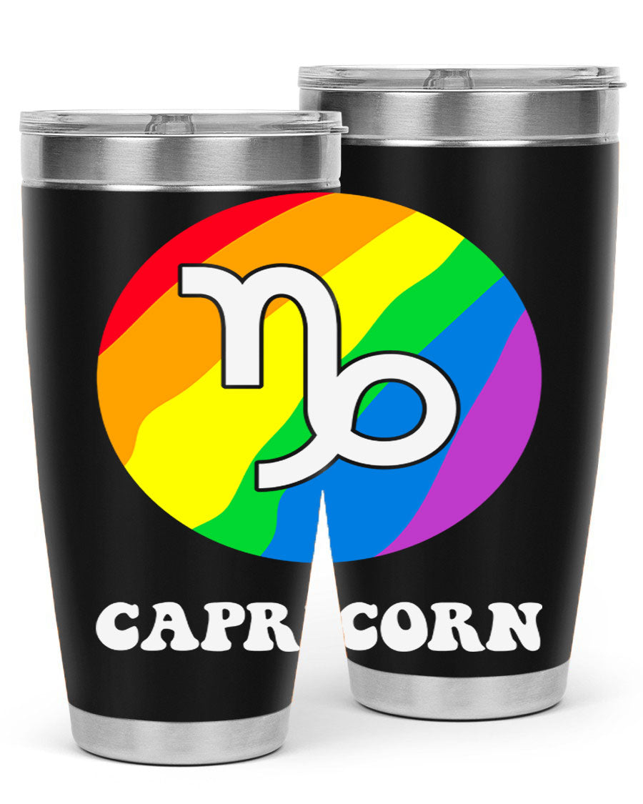 Capricorn LGBT Pride Tumbler featuring vibrant colors and a sleek stainless steel design, perfect for hot and cold beverages.